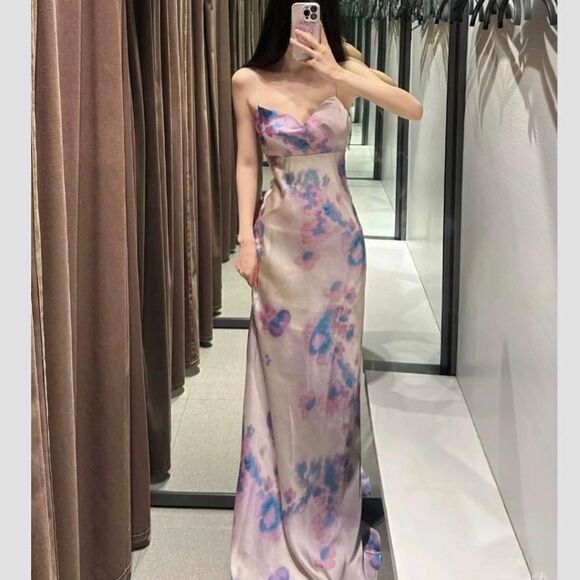 NWT ZARA SATIN EFFECT OPEN BACKโLONG DRESS Pink Lilac - Picture 7 of 8